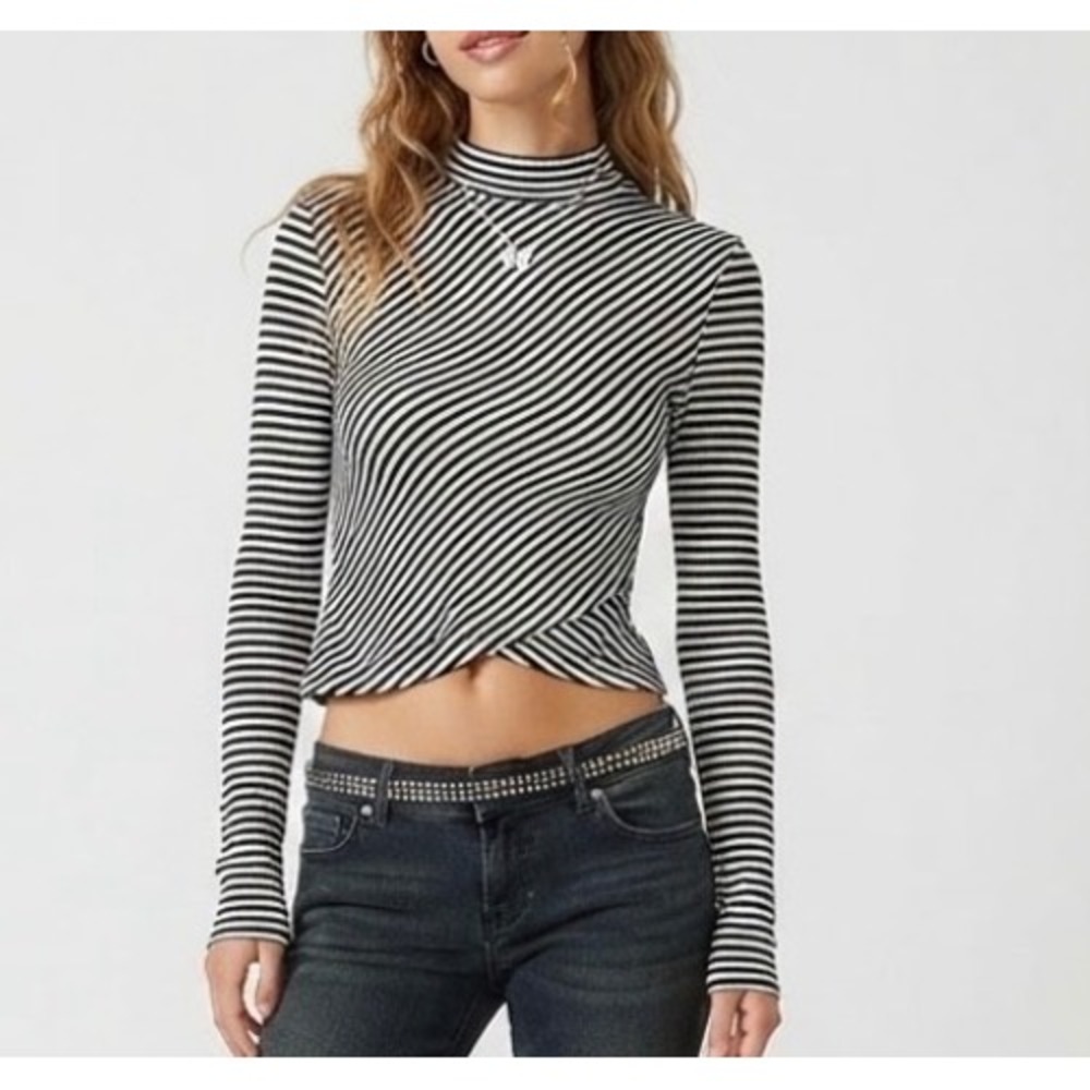 Free People Striped Mock Neck Keyhole Back Ribbed Crop Top Black White XS